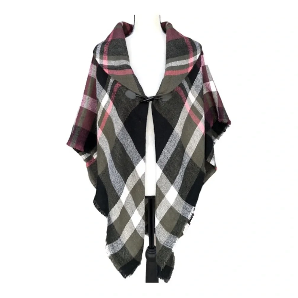 MODENA Women’s Shawl One Size Fits All Multi Color Plaid‎ Fringed Loose Knit.